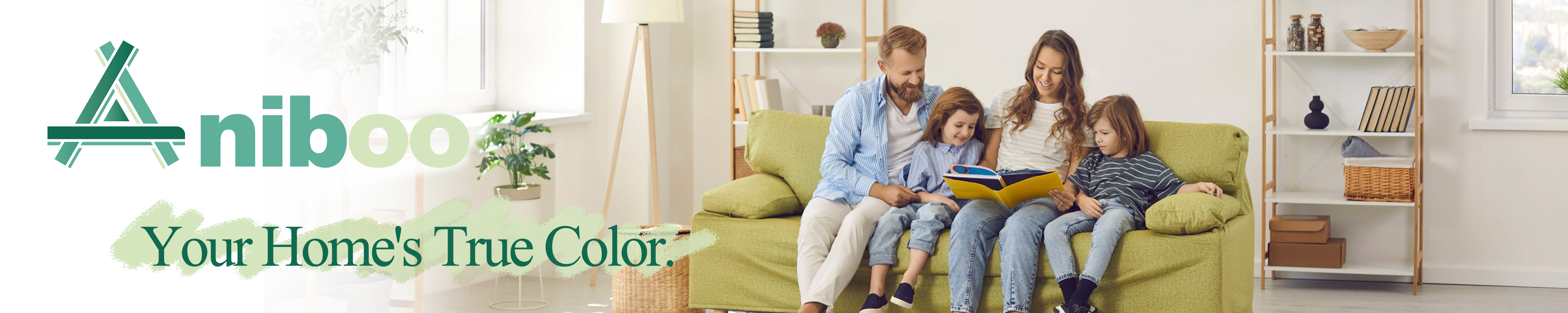 A bright family living room featuring the Aniboo logo and the phrase Your Home's True Color