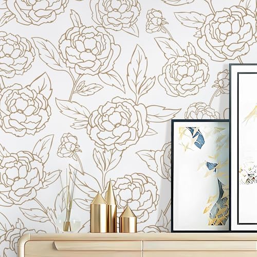 White and gold linework peony wallpaper