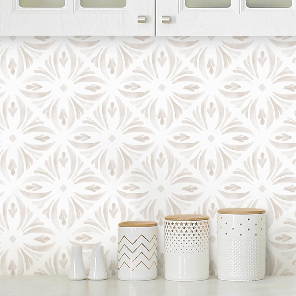 Soft neutral geometric wallpaper in a bright kitchen